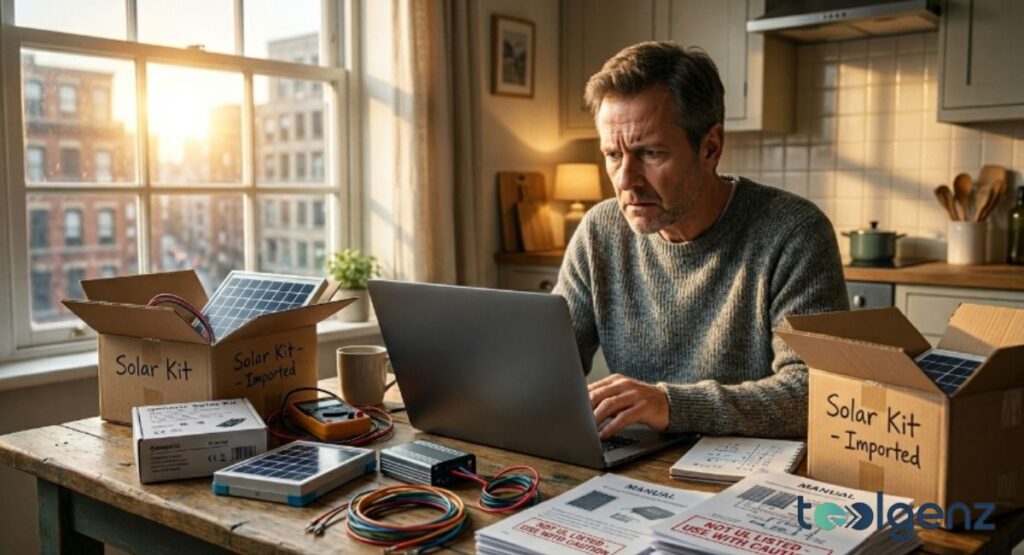 Concerned man researches compliance rules on his laptop next to unopened solar kit boxes. Manuals with "Not UL Listed" warnings and scattered tools suggest regulatory uncertainty.
