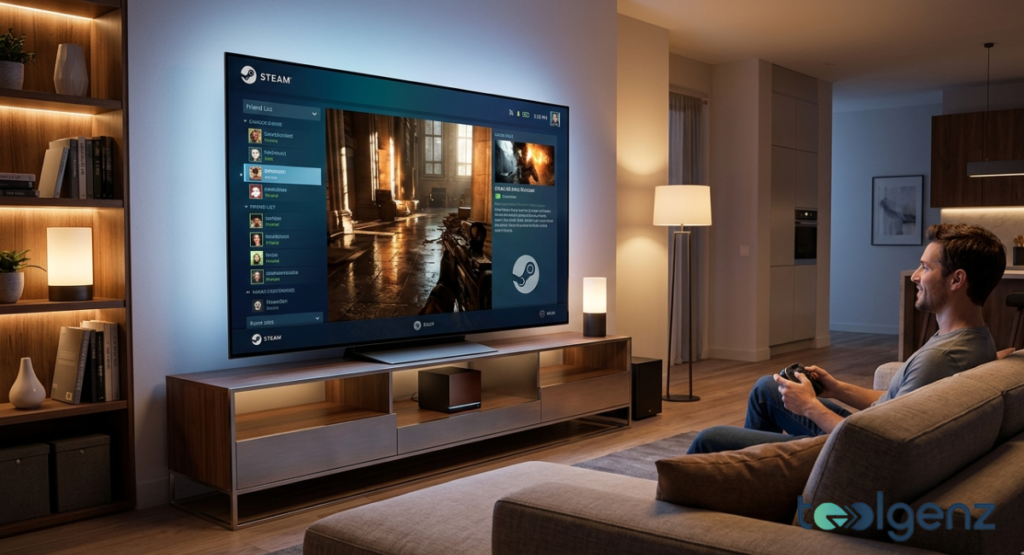 A gamer sits comfortably on a grey fabric couch holding a black controller in a living room. He looks at a massive widescreen television displaying a rich, dark first-person action game interface.