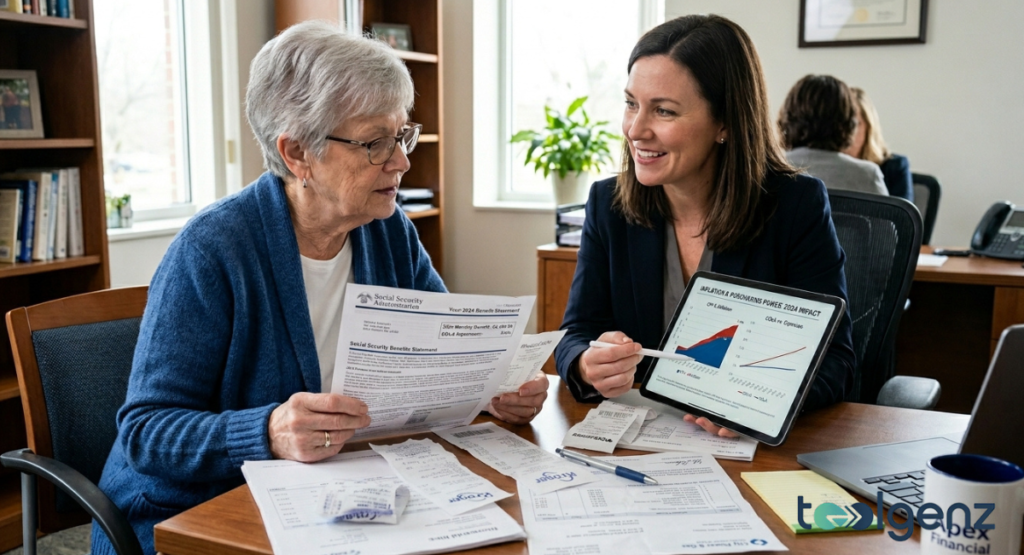A female advisor points to a tablet screen displaying inflation data to an elderly woman.