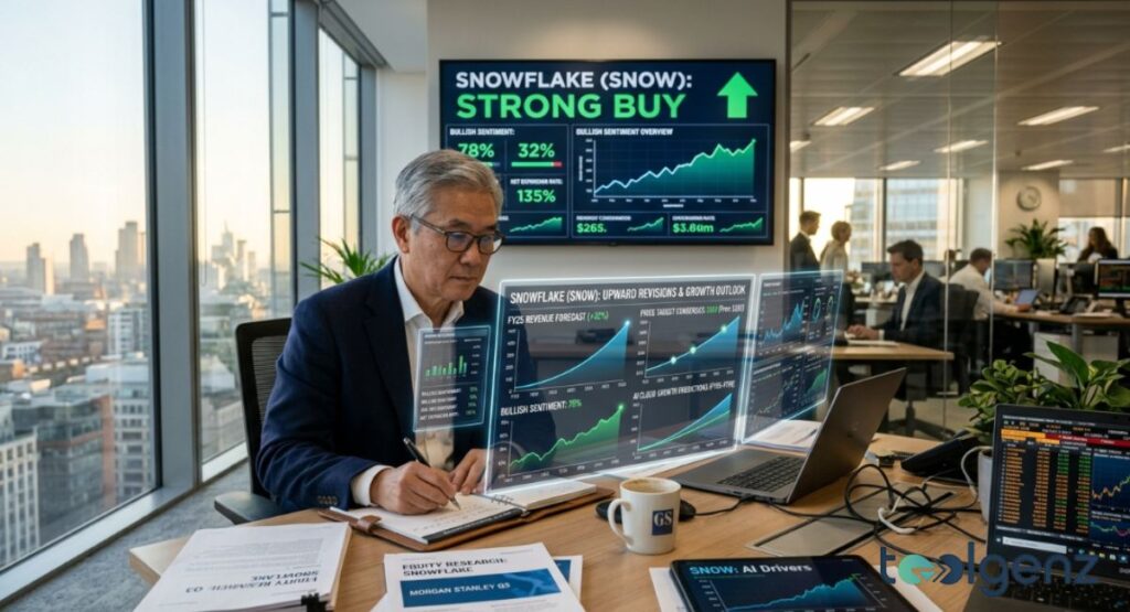 An analyst reviews Snowflake (SNOW) forecasts showing upward revisions and a “STRONG BUY” rating. Holographic charts detail FY25 revenue growth, bullish sentiment, and price target consensus.
