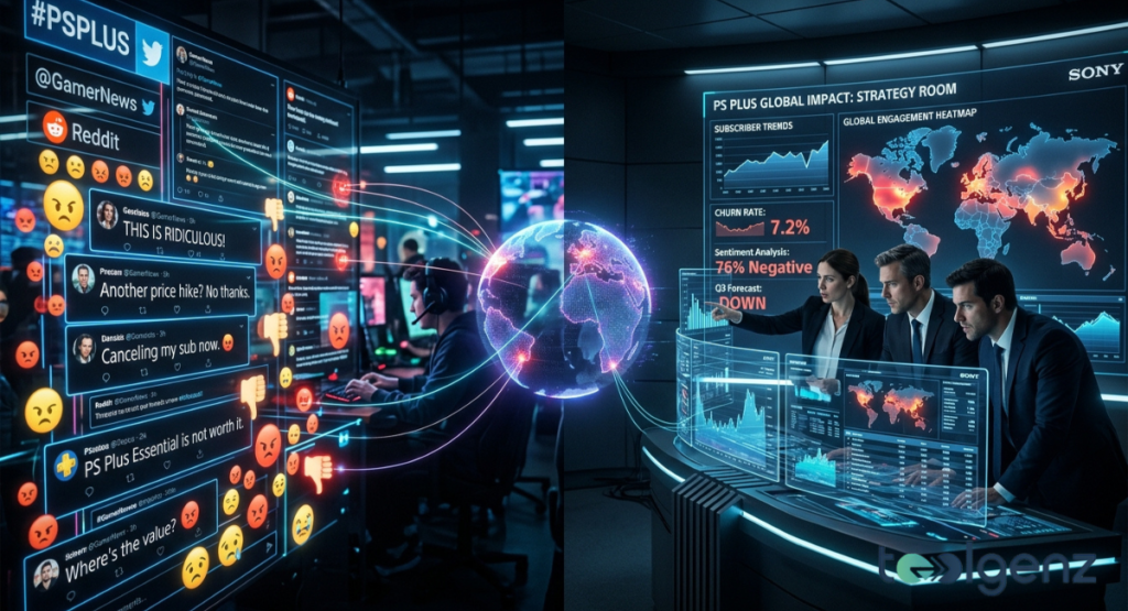 A split screen captures intense public social media feeds on the left alongside corporate executives evaluating global charts on the right. Angry user comments and negative sentiment percentages connect directly to a centralized tracking globe.