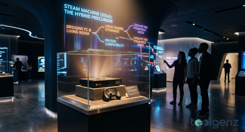 A museum display case houses an original black console and its accompanying gamepad under subtle spotlights. A large illuminated infographic on the wall behind it reads "Steam Machine (2014): The Hybrid Precursor."