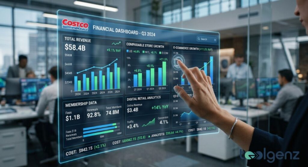 A hand interacts with a holographic Costco Q3 Earnings dashboard showing $58.4B in total revenue. Comparable store growth and e-commerce gains are highlighted on the Q3 2024 financial screen.