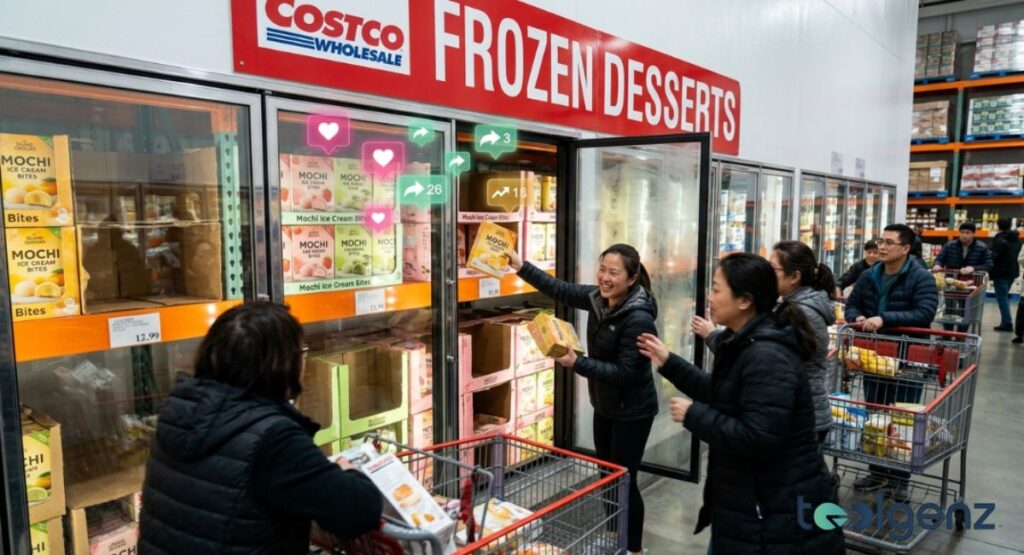 Shoppers reach for Mochi Ice Cream Bites in Costco’s frozen desserts aisle with social icons floating nearby. Customers with full carts create buzz around the viral product driving in-store traffic.