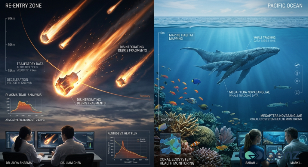 A split screen shows falling metal wreckage burning up in the sky next to humpback whales swimming by a coral reef. Scientists sit at computer monitors below analyzing both atmospheric reentry data and marine tracking indicators.