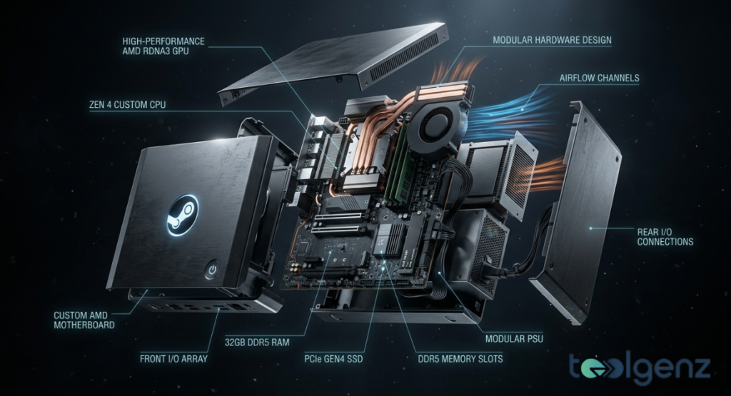 An exploded technical view shows the modular internal hardware components of a black desktop console. Luminant text callouts point to a custom motherboard, high-performance GPU, custom CPU, and dual-channel memory slots.