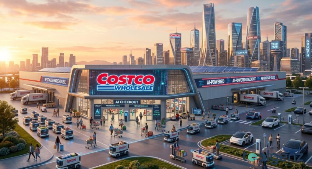 A next-gen Costco warehouse features AI checkout, delivery robots, and solar panels at sunset. The futuristic storefront sits in a tech hub skyline with EV chargers and automated carts.