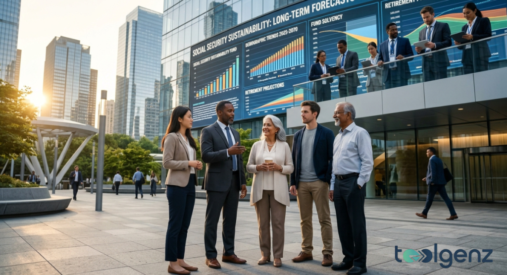 A diverse group of workers stands outside a modern glass skyscraper talking at sunset.