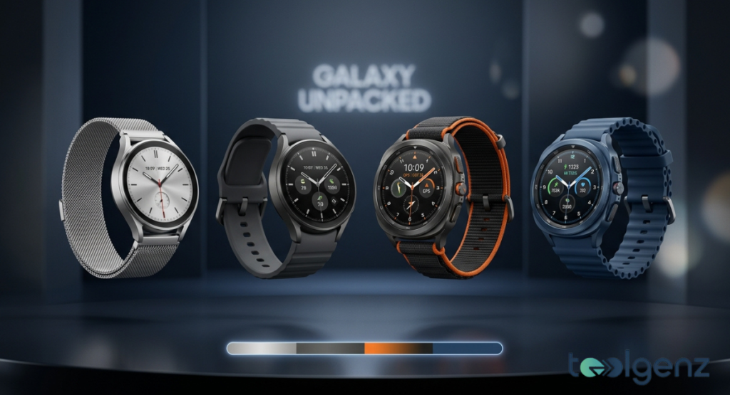 Four distinct smartwatch models stand lined up side-by-side to showcase different frame finishes and strap styles. The variants include a silver mesh band, a solid gray matte strap, an orange-trimmed sport loops, and a deep blue ribbed band.