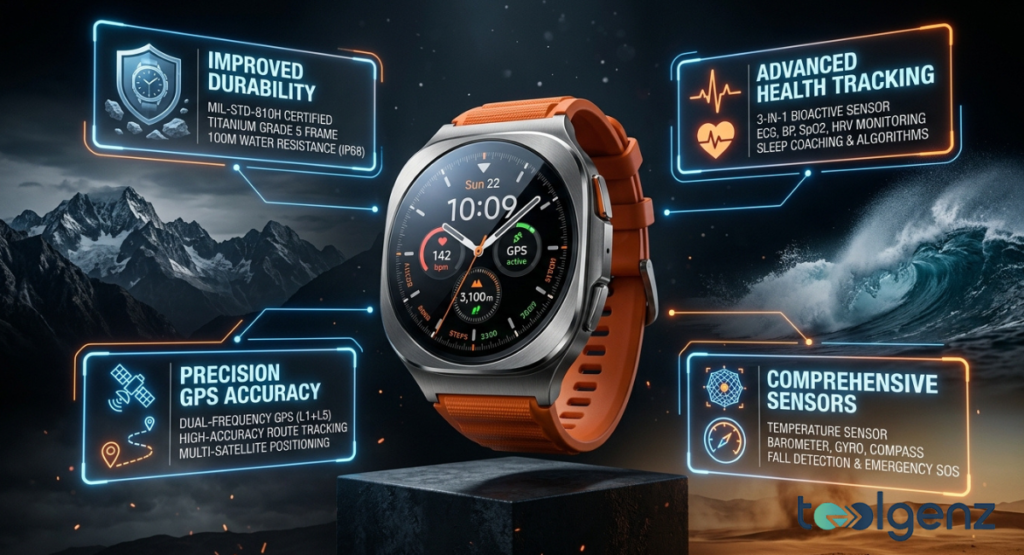 A rugged silver smartwatch with a bright orange band is positioned on a dark block against a dramatic landscape split screen. The background contrasts jagged snow-covered mountain peaks on the left with crashing ocean waves on the right.