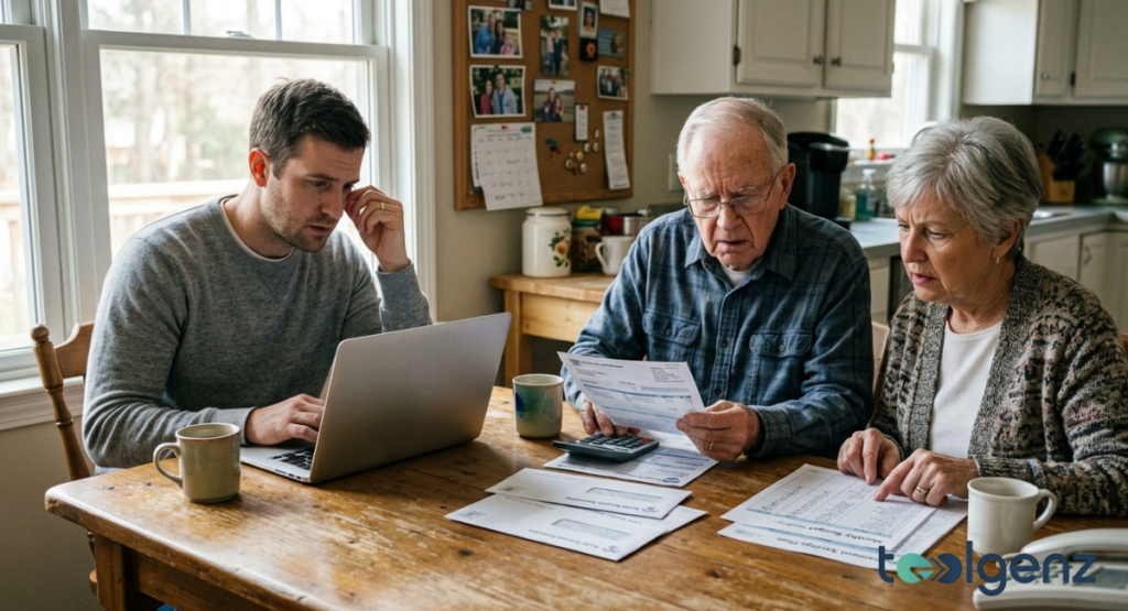 A young man on a laptop sits next to an older couple looking stressed at a kitchen table.