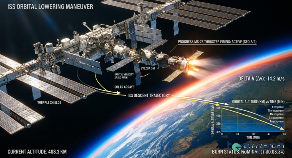 A large modular spacecraft fires its thrusters to execute a calculated orbital lowering maneuver over the globe. Technical text annotations label components such as solar arrays, shields, and descent trajectories.