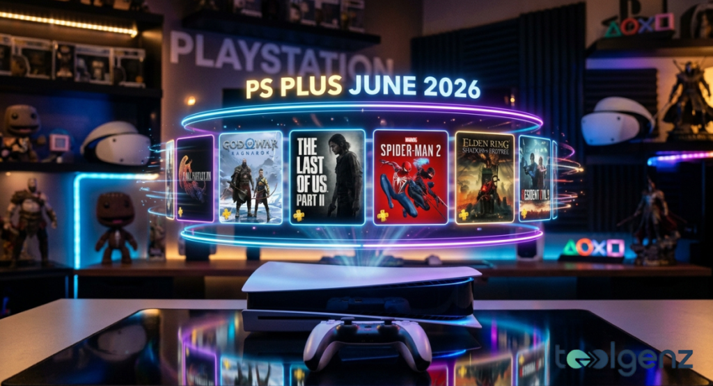 A white home gaming console sits on a glossy table, projecting a circular holographic carousel of game titles. Well-known action, adventure, and role-playing game cover graphics float side-by-side in a vibrant loop.