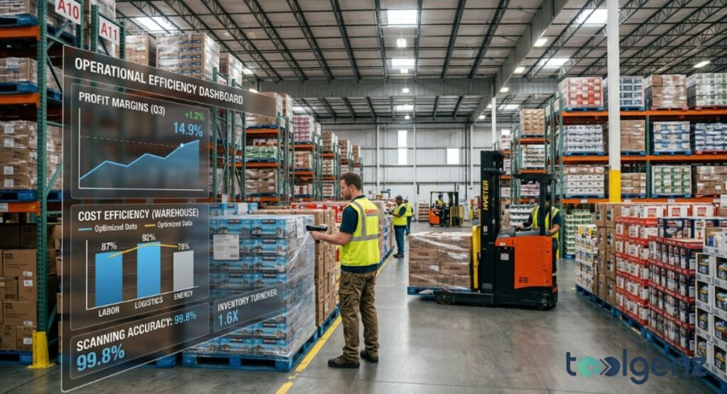 A Costco worker scans inventory as an operational efficiency dashboard shows 14.9% profit margins. Forklifts and pallets fill the warehouse while data tracks labor, logistics, and turnover.