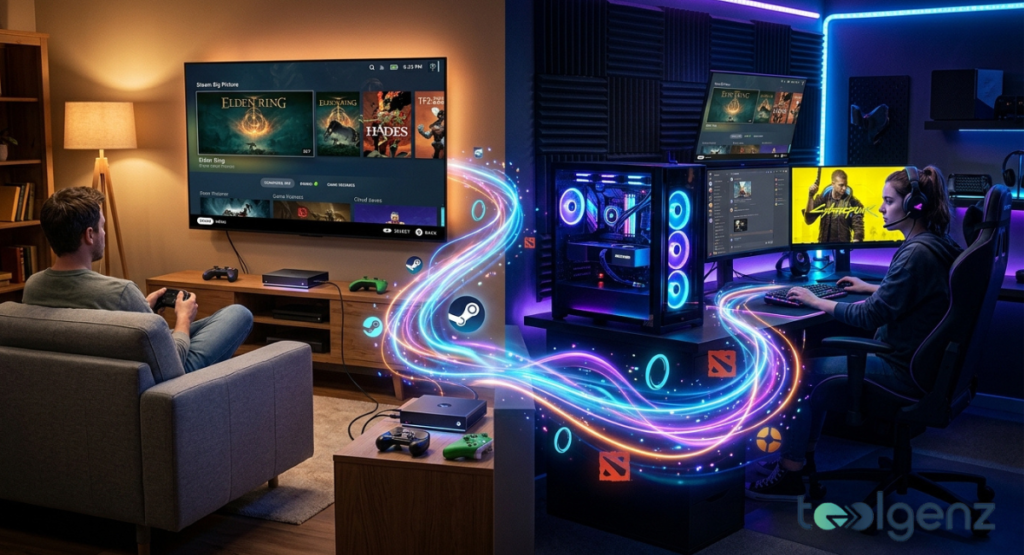 A split-screen visual contrasts a casual console setup on the left with an elaborate multi-monitor desktop station on the right. Vibrant neon trails of blue and pink light flow across the room to connect the two distinct setups.