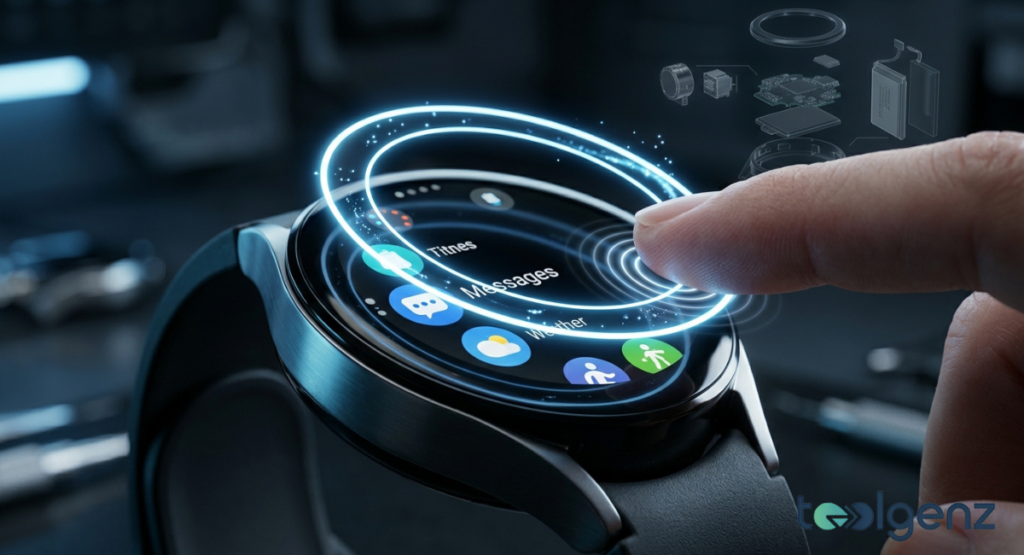A close-up view captures a person's finger interacting with the touch screen interface of a circular black watch face. Luminous blue concentric rings ripple outward from the point of touch to indicate a virtual scrolling gesture.