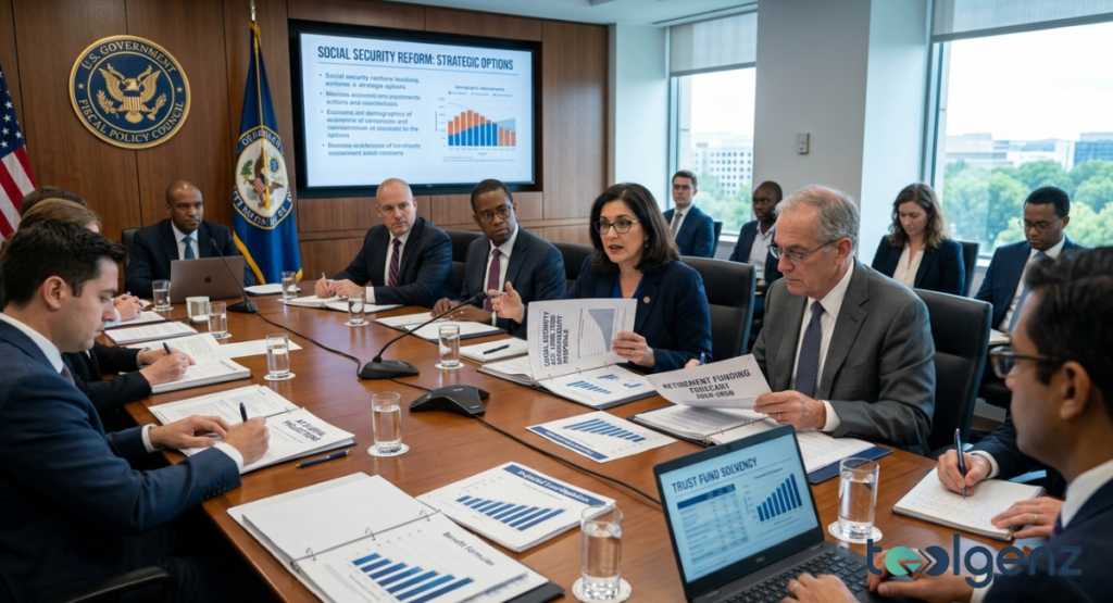 A government committee sits around a boardroom table listening to a woman present data.