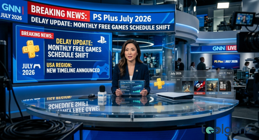 A news anchor delivers a live broadcast from a studio reporting on a ps plus july 2026 gaming schedule change. Behind the desk, a giant graphic monitor explicitly lists updated distribution adjustments for the North American region.