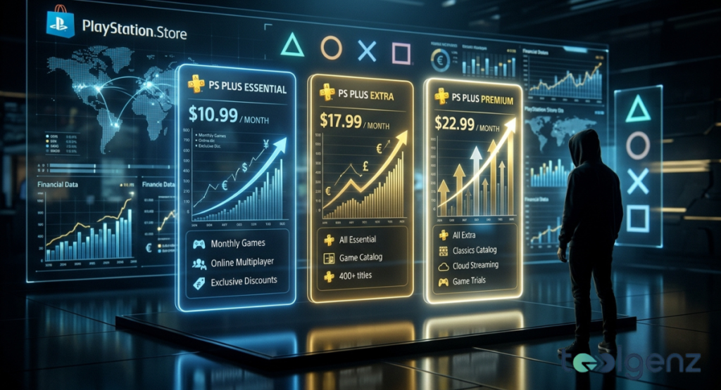 A person in a dark hooded jacket stands facing a massive illuminated digital store financial tracking interface. Three vertical columns detail tiered monthly pricing models ranging from ten to twenty-three dollars.