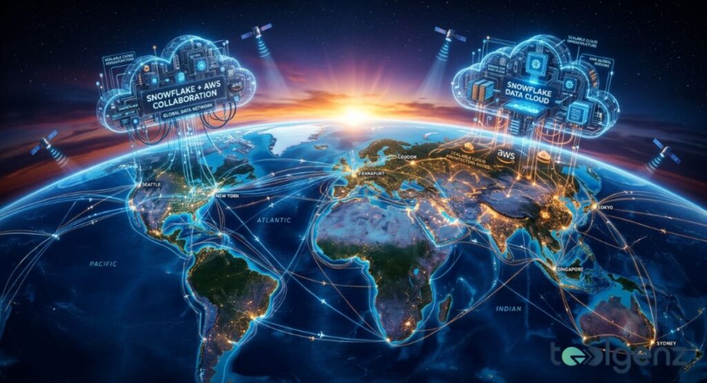 A global map shows Snowflake + AWS collaboration with cloud infrastructure nodes and satellite links. Illuminated data routes connect Seattle, Frankfurt, Tokyo, and Sydney across a digital Earth.