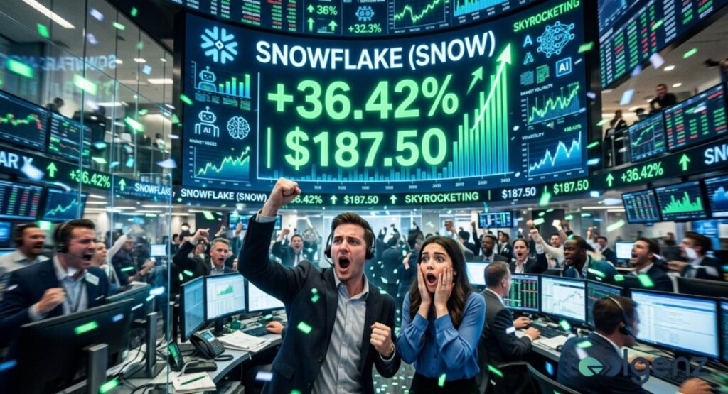 Traders cheer as a digital board shows Snowflake Stock up +36.42% to $187.50 on the exchange floor. Confetti falls while green charts and AI icons signal record gains during the market rally.