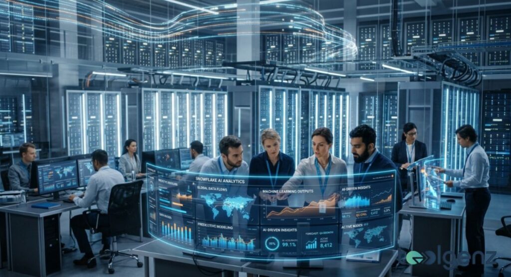 Engineers analyze Snowflake AI Analytics on curved holographic displays in a server room. Global data flows and predictive modeling charts show 99.1% accuracy for machine learning outputs.