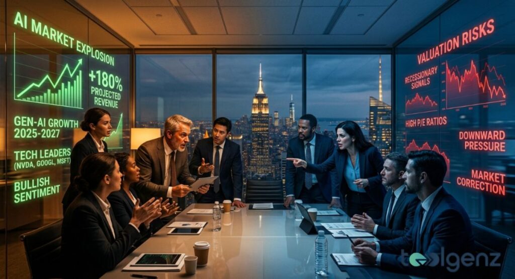 Executives debate in a boardroom split between green AI growth charts and red valuation risk warnings. The Manhattan skyline looms as teams weigh +180% projected revenue against high P/E ratios.