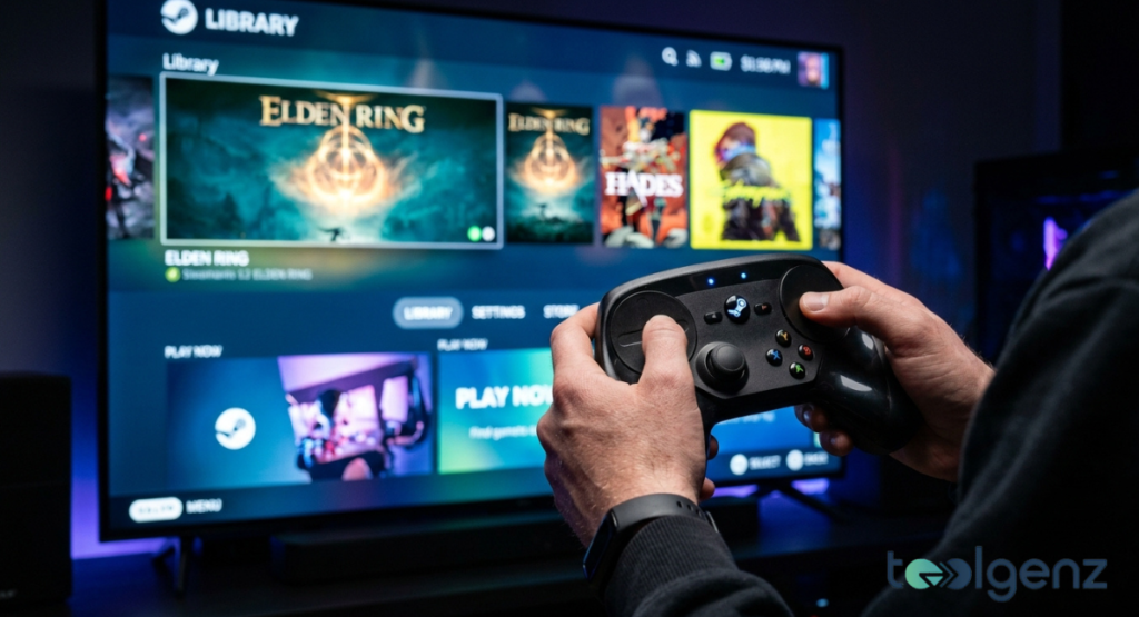 A close-up view shows a person’s hands gripping a uniquely designed black game controller with dual circular trackpads. In the background, a blurred television screen displays a digital library highlighting popular action role-playing games.