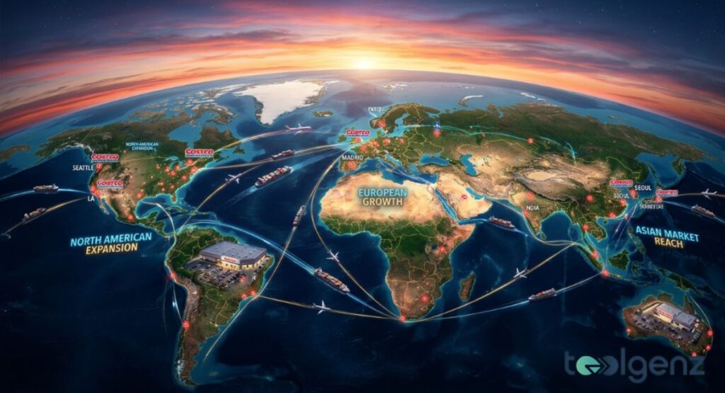 A 3D world map illustrates Costco’s store expansion with routes connecting North America, Europe, and Asia. Glowing markers highlight growth markets in Seattle, Madrid, Seoul, and Australia.