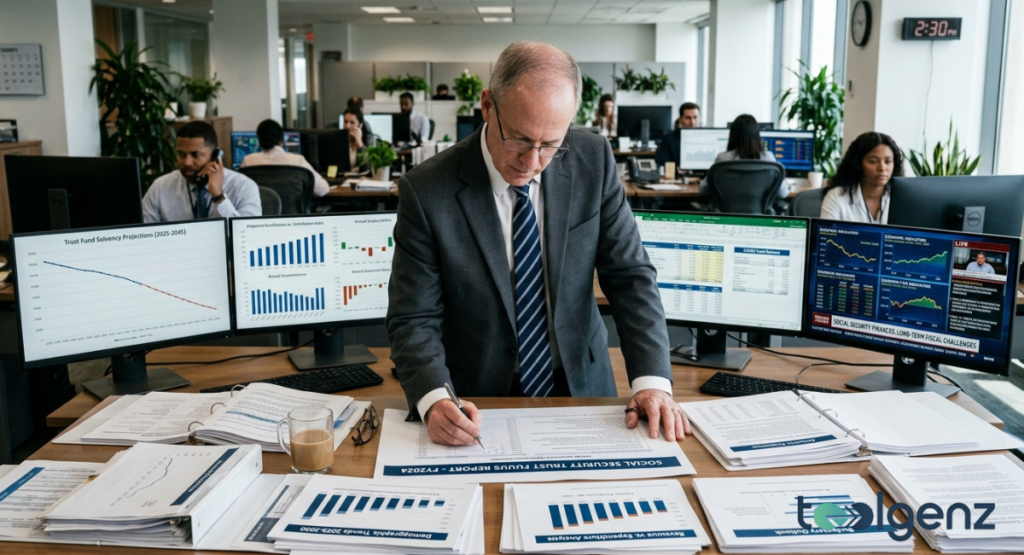 A male financial analyst stands over a desk filling out paperwork in a busy office.
Multiple desktop monitors display downward-trending graphs regarding Social Security solvency.