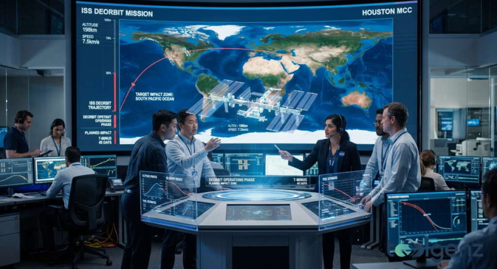 Flight controllers collaborate in a space agency command center before a massive world map tracking screen. The digital display illustrates an orbital decay trajectory pointing toward a target impact zone in the South Pacific.