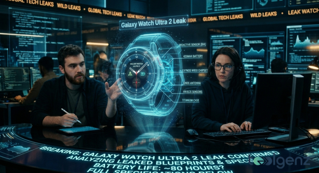 Two tech analysts examine a massive glowing 3D hologram blueprint of the Samsung Galaxy Watch Ultra 2 in a lab. The holographic overlay maps out internal design components including a titanium case, battery, and chipset array.