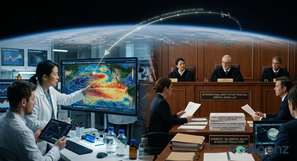 A split scene depicts oceanographers reviewing thermal maps next to judges presiding over an international maritime court. An architectural arc overhead represents an estimated spacecraft decay vector wrapping around the Earth.