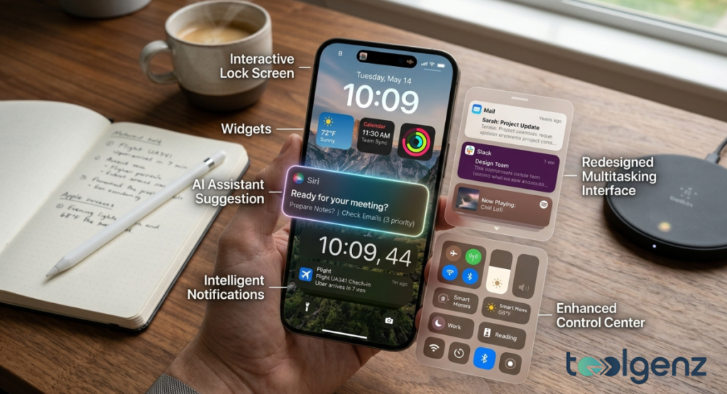 Hand holds iPhone on a desk showing interactive lock screen, Siri suggestions, and redesigned multitasking interface. Widgets, intelligent notifications, and enhanced Control Center overlays highlight new productivity tools.
