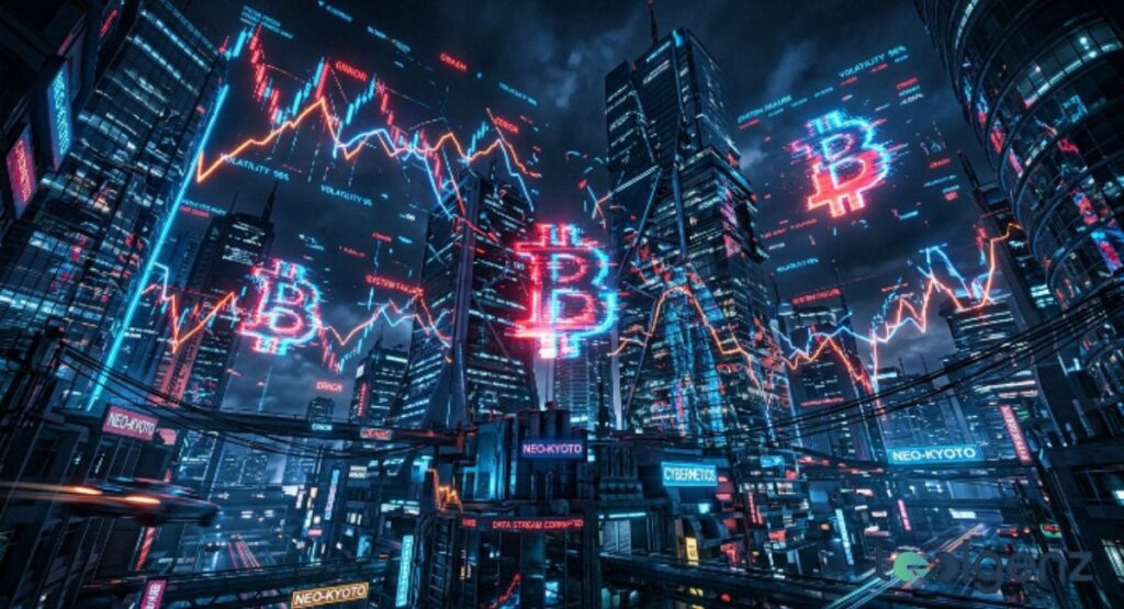 Neon charts and glowing Bitcoin symbols float over a futuristic Neo-Kyoto skyline at night. Erratic red and blue lines show volatility spikes and system failures across skyscrapers.