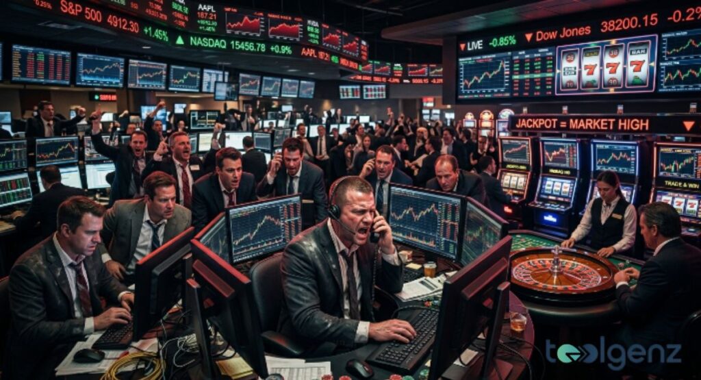 Traders shout and gesture wildly on a chaotic stock exchange floor merged with casino elements. Roulette tables and slot machines sit beside trading terminals under red market tickers.