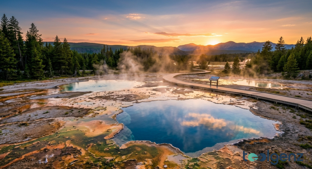 Aerial view of Yellowstone’s Upper Geyser Basin at sunset with labeled magma chamber and hydrothermal reservoirs. Cross-section shows groundwater circulation, geyser conduits, and fault lines feeding the park’s thermal features.Clouds reflect in turquoise pools as steam rises from geothermal features before the July 2024 event.