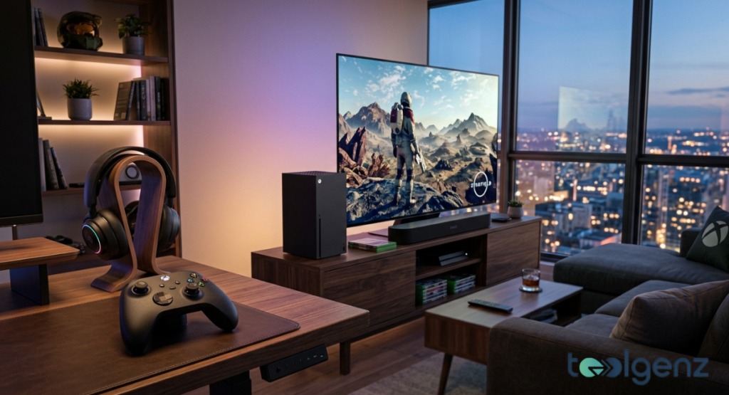 Xbox Series X console and controller displayed on a modern desk with Starfield on a 4K TV at dusk. RGB headset, Halo helmet, and city skyline complete the premium next-gen gaming setup.
