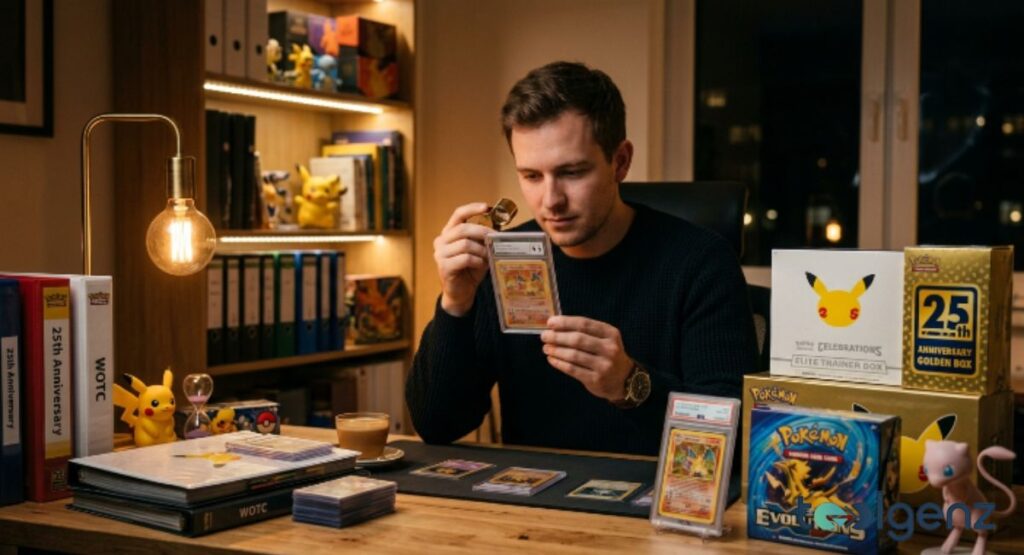 A collector examines a graded card with a loupe at a wooden desk surrounded by binders and sealed boxes. 25th anniversary and Evolutions products sit beside graded slabs under warm lamp light.