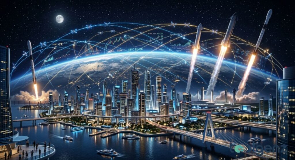 A futuristic city skyline glows at night under a network of satellites and multiple rocket launches. Orbital data streams and stock tickers overlay Earth’s horizon with the moon visible above.