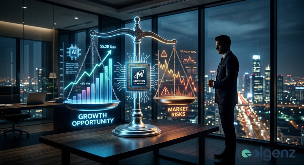 Executive in a high-rise office watches a holographic scale weigh “GROWTH OPPORTUNITY” with $5.2B revenue against “MARKET RISKS” like supply chain volatility. Micron Technology chip glows at the center as AI and market risk charts balance on each side of the scale.