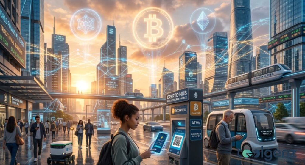 Futuristic city at sunrise shows people using crypto ATMs, phones, and autonomous shuttles under BTC and ETH holograms. Skyscrapers labeled “Traditional Banking” stand beside “Crypto Hub” kiosks and a Blockchain Express monorail.