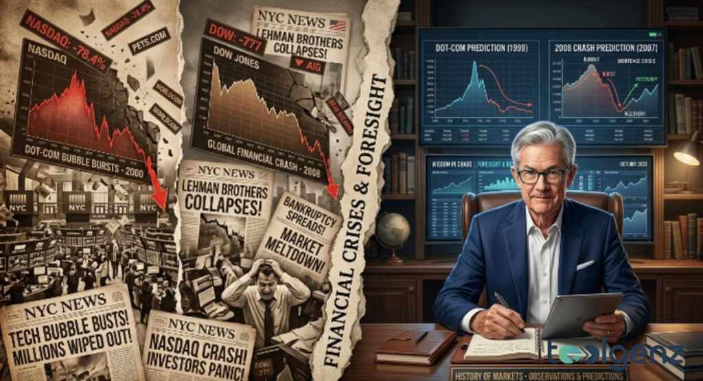 A split scene contrasts newspaper headlines of the 2000 dot-com crash and 2008 financial crisis. An analyst reviews historical market prediction charts labeled with past crashes on screens.