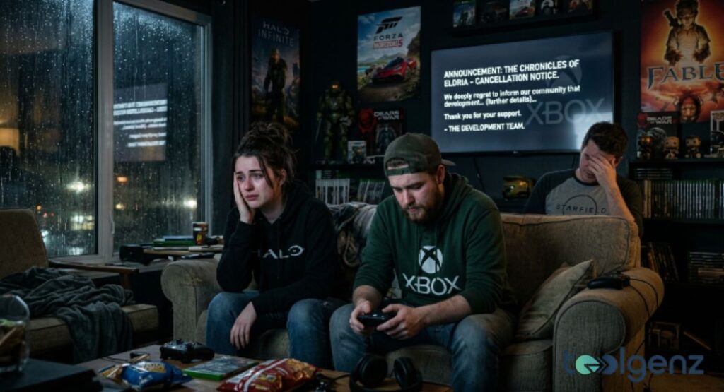 Three fans sit in a dark living room as a TV displays “ANNOUNCEMENT: THE CHRONICLES OF ELDRIA – CANCELLATION NOTICE.” Rain runs down the window while posters for Halo Infinite and Forza Motorsport cover the walls.