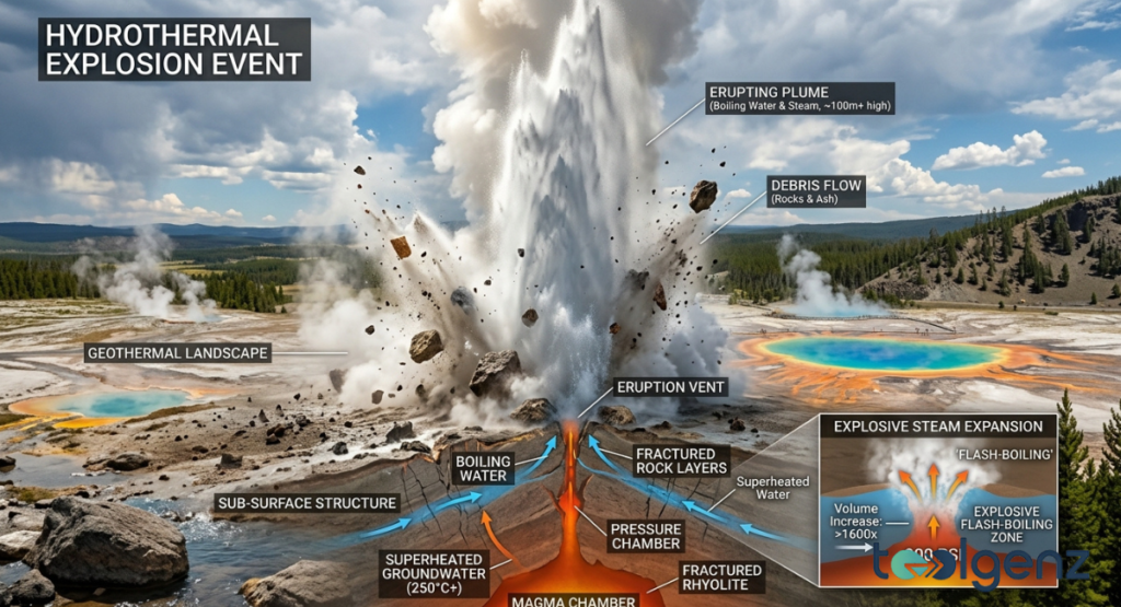 Scientific diagram shows a hydrothermal explosion sending a 100m+ plume of boiling water, steam, and rock debris skyward. Cross-section reveals superheated groundwater at 250°C flash-boiling when pressure drops in fractured rhyolite.