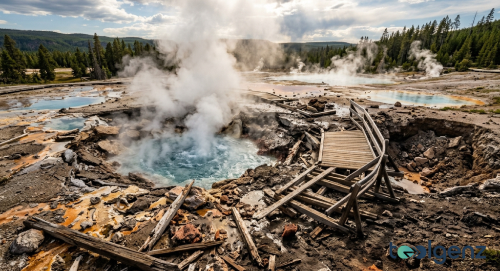 Shattered boardwalk and steaming crater mark where the blast tore through Biscuit Basin’s surface. Rocks, timber, and orange mineral deposits are scattered around the newly formed vent.