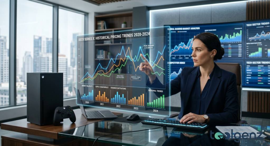 Analyst points to holographic charts showing console pricing trends from 2020-2024 with peaks for demand and scarcity. Supply chain, market volatility, and seasonal trend graphs display behind a black console on a glass desk.