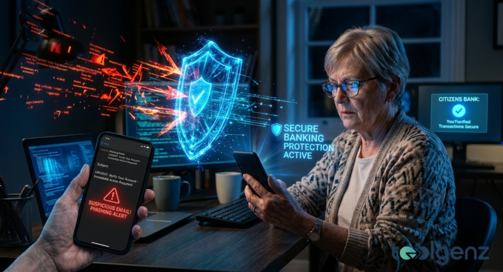Older woman holds a phone showing a phishing alert while a digital security shield blocks fraudulent emails on nearby screens. “SECURE BANKING PROTECTION ACTIVE” and “SUSPICIOUS EMAIL!” warnings highlight fraud risks during the transition.