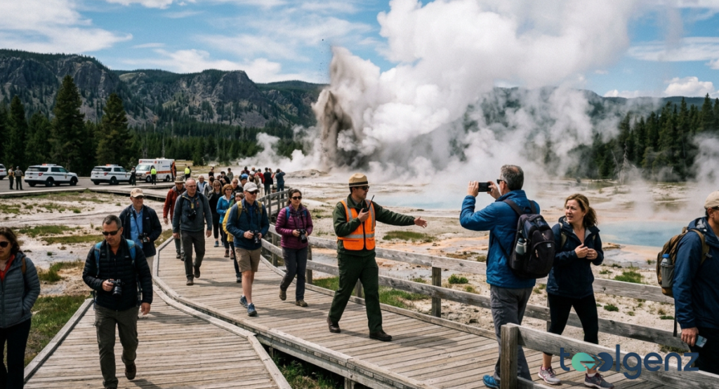 Tourists on a boardwalk flee as mud, rock, and steam erupt from a geyser basin with dark clouds overhead. Visitors run from the blast zone while others stop to film the sudden eruption near the trail.