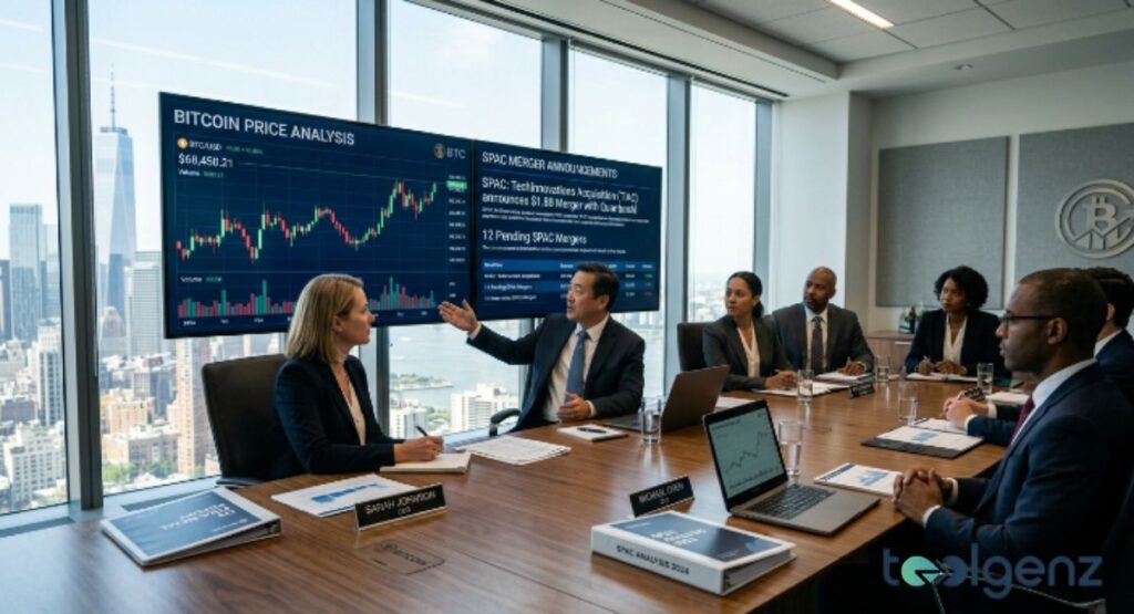 Executives in a high-rise boardroom discuss Bitcoin price charts and SPAC merger announcements on large screens. Manhattan skyline frames the meeting as laptops and “SPAC Analysis 2024” binders cover the table.